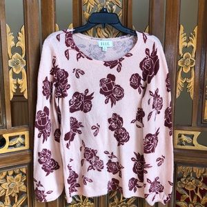 Elle Rose Print Puff Sleeve Knit Sweater